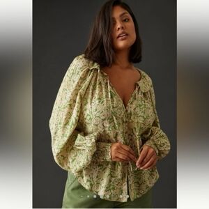 Anthropologie Indian Cotton 1X Green Floral Blouse Top